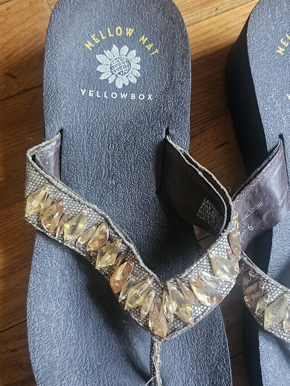 Yellow Box Black Sandals with Gold Gem Accents - Picture 2 of 6